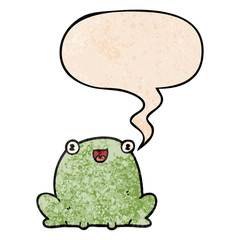 cute cartoon frog and speech bubble in retro texture style