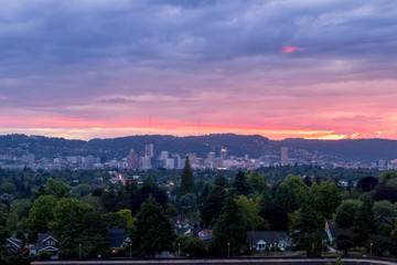 Colorful sunset over Portland, Oregon after a thunderstorm in the Pacific Northwest.