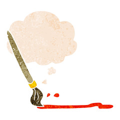 cartoon paintbrush and thought bubble in retro textured style
