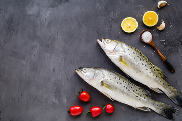 Fresh raw fish with spices, lemon, salt on dark stone background. Creative layout made of fish, top view with copy space, flat lay, mockup, overhead. Healthy food concept