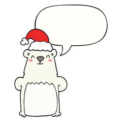 cartoon bear wearing christmas hat and speech bubble