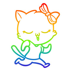 rainbow gradient line drawing cartoon cat with bow on head