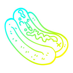 cold gradient line drawing cartoon hotdog in bun with ketchup