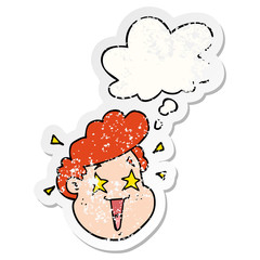 cartoon happy face and thought bubble as a distressed worn sticker