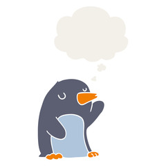 cartoon penguin and thought bubble in retro style
