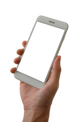 Man hand holding smartphone with blank screen isolated on white background, clipping path.
