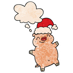 cartoon happy christmas pig and thought bubble in grunge texture pattern style