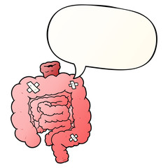 cartoon repaired intestines and speech bubble in smooth gradient style