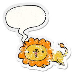 cute cartoon lion and speech bubble distressed sticker