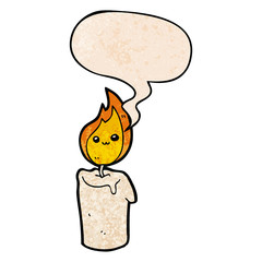 cartoon candle character and speech bubble in retro texture style
