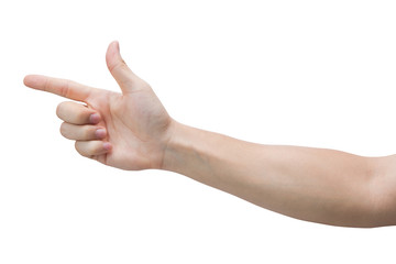 Man hand touching isolated on white background with clipping path.