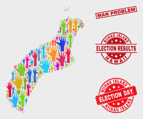 Poll Niihau Island map and seals. Red rectangular Man Problem scratched stamp. Bright Niihau Island map mosaic of upwards election arms. Vector combination for election day, and ballot results.