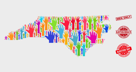 Vote North Carolina State map and seal stamps. Red rectangle Men Only scratched watermark. Colorful North Carolina State map mosaic of upwards vote hands. Vector collage for election day,