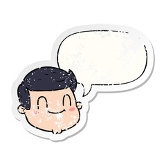 cartoon male face and speech bubble distressed sticker