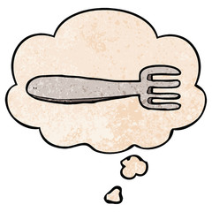 cartoon fork and thought bubble in grunge texture pattern style