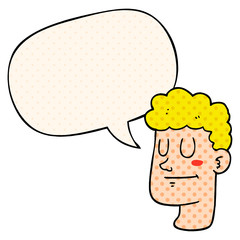 cartoon male face and speech bubble in comic book style