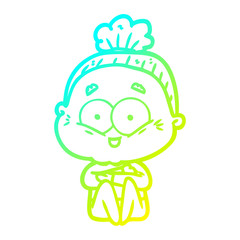 cold gradient line drawing cartoon happy old woman