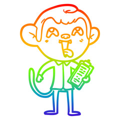 rainbow gradient line drawing crazy cartoon monkey with clipboard