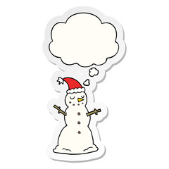 cartoon christmas snowman and thought bubble as a printed sticker