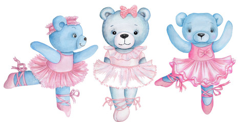 Watercolor illustration of three dancing teddy bears in pink ballet dresses.