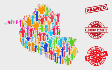 Election Rondonia State map and seal stamps. Red rectangle Passed textured seal stamp. Colored Rondonia State map mosaic of raised referendum hands. Vector collage for election day,