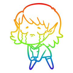 rainbow gradient line drawing cartoon crying elf girl