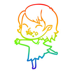 rainbow gradient line drawing cartoon vampire girl with blood on cheek