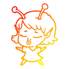 warm gradient line drawing cute alien girl cartoon
