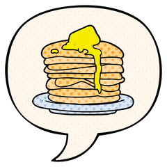 cartoon stack of pancakes and speech bubble in comic book style