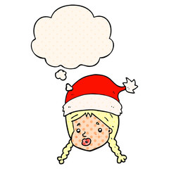 cartoon girl wearing christmas hat and thought bubble in comic book style