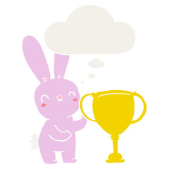 cute cartoon rabbit with sports trophy cup and thought bubble in retro style