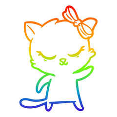 Obraz premium rainbow gradient line drawing cute cartoon cat with bow