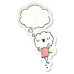 cute cartoon cloud head creature and thought bubble as a distressed worn sticker