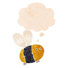 cartoon bee and thought bubble in retro textured style