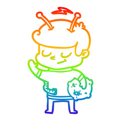 rainbow gradient line drawing friendly cartoon spaceman holding meteor