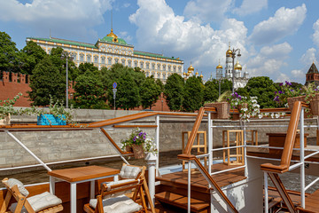 A beautiful view from the river ship to the Grand Kremlin Palace. Moscow, tourism, architecture, famous places in the center of Moscow.