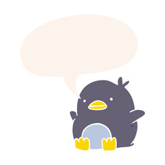 cute cartoon penguin and speech bubble in retro style