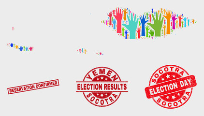 Election Socotra Archipelago map and seal stamps. Red rectangle Reservation Confirmed grunge watermark. Colored Socotra Archipelago map mosaic of upwards help arms.
