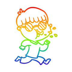rainbow gradient line drawing cartoon boy wearing spectacles and running