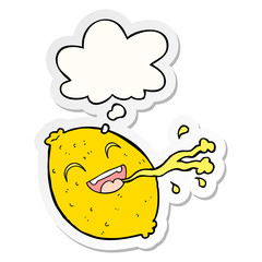cartoon squirting lemon and thought bubble as a printed sticker
