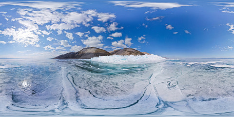 icy hummoks of Olkhon Island are Lake Baikal. Spherical 360 180 vr panorama