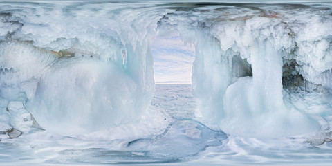 Blue Ice cave grotto on Olkhon Island, Lake Baikal, covered with icicles. Spherical panorama 360vr