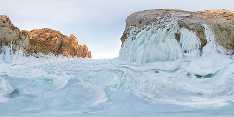 icy rocks of Olkhon Island are Lake Baikal. Spherical 360 180 vr panorama © Baikal360