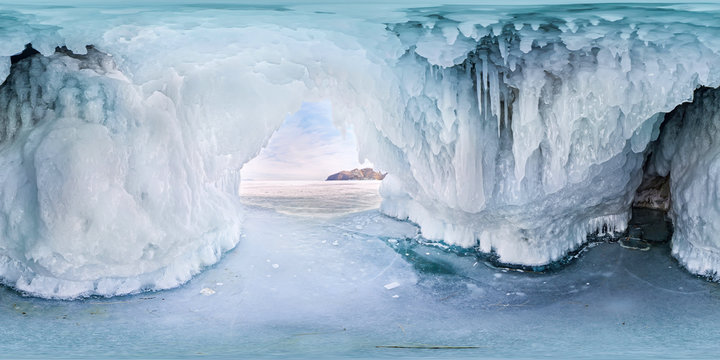 Blue Ice cave grotto on Olkhon Island, Lake Baikal, covered with icicles. Spherical panorama 360vr