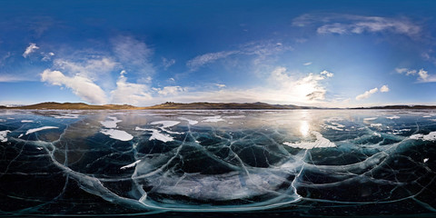 Cracks on smooth ice Lake Baikal. Spherical 360 180 vr panorama © Baikal360