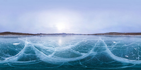 Cracks on smooth ice Lake Baikal. Spherical 360 180 vr panorama