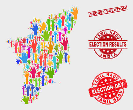 Election Tamil Nadu State Map And Watermarks. Red Rectangular Secret Solution Grunge Stamp. Colorful Tamil Nadu State Map Mosaic Of Raised Raising Arms. Vector Combination For Election Day,