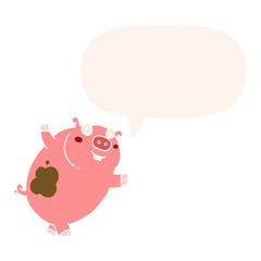 funny cartoon pig and speech bubble in retro style