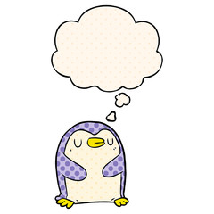 cartoon penguin and thought bubble in comic book style