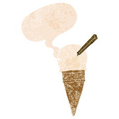 cartoon ice cream and speech bubble in retro textured style